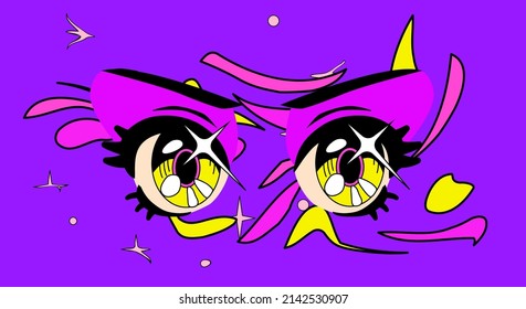 Cuidados ojos de dibujos animados de una chica anime con estrellas y brillo. Ilustración vectorial para diseño de portada o afiche.