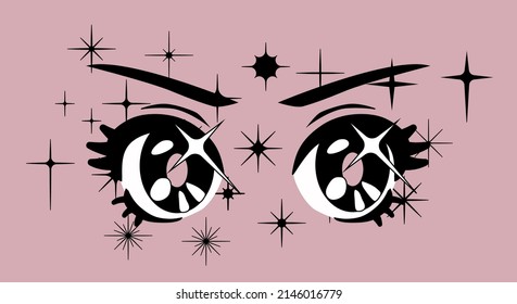 Cute cartoon style eyes of an anime girl with sparkles and stars. Vector illustration.