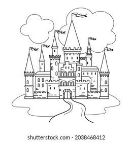 Cute cartoon style fairytale castle with flags on the roofs, with clouds and a road. Coloring pages
