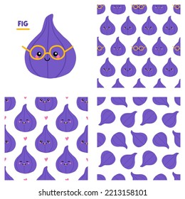 Cute cartoon style fig fruit character and set, collection of three fig fruits vector seamless pattern backgrounds. 
