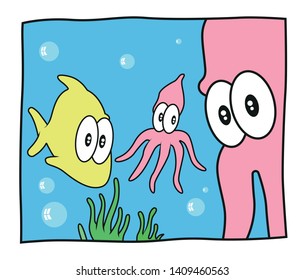 Cute cartoon style fish, squid and octopus under the sea, between algae and bubbles.