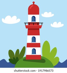 Cute cartoon style flat vector lighthouse on a green grass beach. Sunny summer day with white clouds. Marine ship navigation. Ship sailing and steering symbol