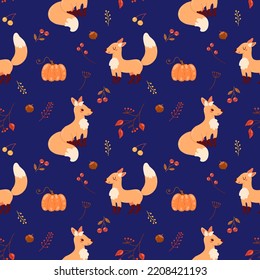 Cute cartoon style fox seamless pattern with autumn leaves, nuts and berries on a blue background