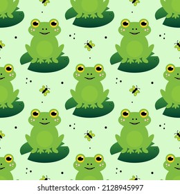 Cute cartoon style frog character sitting on a green leaf and watching butterflies vector seamless pattern background.
