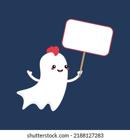 Cute cartoon style ghost character holding banner, card in hand. Illustration for Halloween design.
