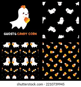 Cute cartoon style ghost character and set, collection of three ghosts and candy corns vector seamless pattern backgrounds for Halloween design.
