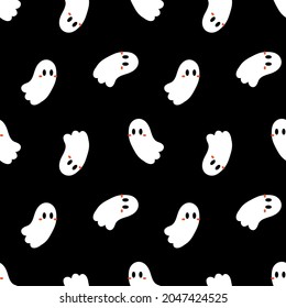 Cute cartoon style ghost characters vector seamless pattern background for Halloween design.