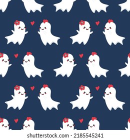 Cute cartoon style ghost couples and red hearts vector seamless pattern background for Halloween design.
