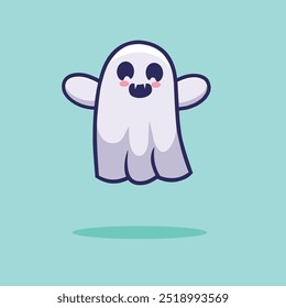 A cute, cartoon style ghost floating.The character has cute eyes, blushing cheeks, and a friendly expression, perfect for Halloween or playful designs.