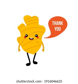 Cute cartoon style ginger root character with speech bubble showing appreciation, saying thank you.
