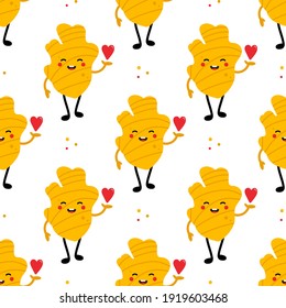 Cute cartoon style ginger root character holding red heart vector seamless pattern background. 
