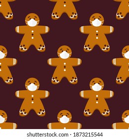Cute cartoon style gingerbread man cookie in white medical face mask seamless pattern background for Christmas quarantine design.