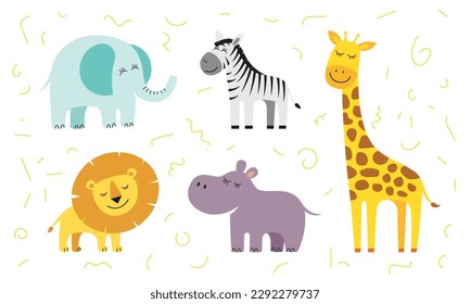 Cute cartoon style giraffe, elephant, lion, zebra and hippo. Drawing african baby wild animal set. Kind smiling jungle safari animals collection. Vector eps creative graphic hand drawn prints