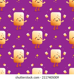 Cute cartoon style golden brown toasted marshmallow character jumping and juggling little marshmallows vector seamless pattern background.
