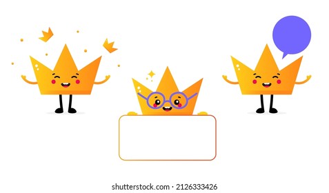 Cute cartoon style golden crown characters having fun, juggling with little crowns, talking, holding card.
