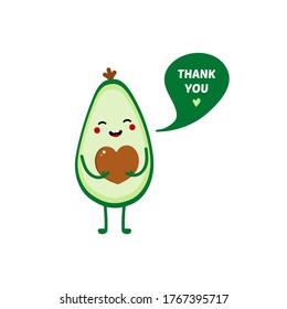 Cute cartoon style green avocado character with heart-shaped seed smiling, saying thank you.