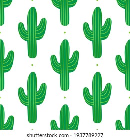 Cute cartoon style green cactus and dots vector seamless pattern background.