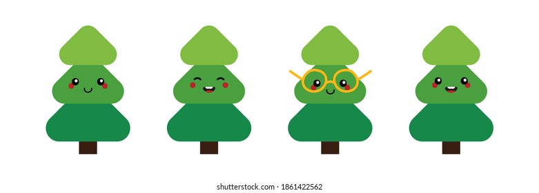 Cute cartoon style green christmas tree characters set, collection for Christmas and winter design.