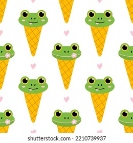 Cute cartoon style green frog ice cream cones and hearts vector seamless pattern background. 

