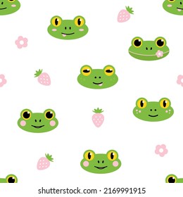 Cute cartoon style green frogs with flowers and strawberries vector seamless pattern background.
