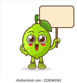 Cute cartoon style green lime character smiling and holding in hands blank, empty card for quote or information.