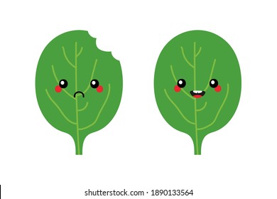 Cute cartoon style green spinach leaves characters, happy smiling and sad with bite mark.