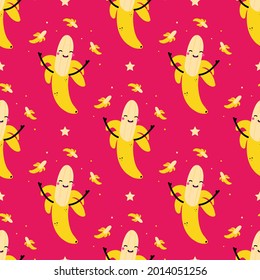 Cute cartoon style half peeled banana fruit characters throwing small bananas in the air vector seamless pattern background.