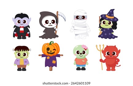 Cute cartoon style Halloween characters, Dracula, zombie, skull, devil, pumpkin