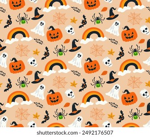 Cute Cartoon style Halloween Seamless Pattern Halloweens Background Texture, Hand Drawing style patterns, Pumpkin, Ghost, Bat, Spider Doodle Character Wallpaper for fabric print