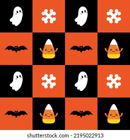 Cute cartoon style Halloween trick or treat vector seamless pattern background with bats, ghosts, candy corn characters and bones.