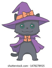 Cute cartoon style Halloween vector art for small children showing a black cat wearing a purple witch hat and cloak with orange ribbon