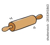 A cute cartoon style hand drawn wooden rolling pin isolated on a white background for baking and kitchen concept art.