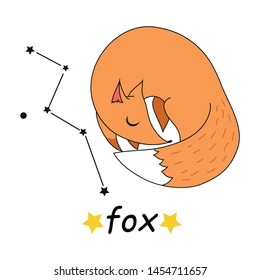 Cute cartoon style hand drawn fox with constellation. Colored vector illustration. Kids design, fation, print, poster, educational book decoration, gift card. 