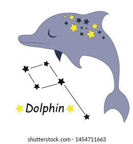 Cute cartoon style hand drawn dolphin with constellation. Colored vector illustration. Kids design, fation, print, poster, educational book decoration, gift card. 