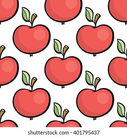 Cute cartoon style hand drawn red apple seamless pattern on white background. Vector illustration