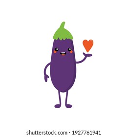 Cute cartoon style happy eggplant, aubergine character holding in hand red heart. Love, caring, appreciation concept.