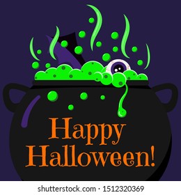 Cute cartoon style Happy Halloween greeting card with black witches cauldron with green bubbling poison potion, eye, bat wing in fire on dark night background. Vector flat design holiday illustration