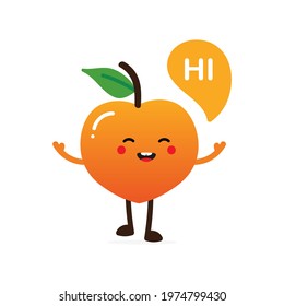 Cute cartoon style happy peach fruit character speech bubble saying hi, hello.