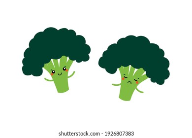 Cute cartoon style happy and sad green broccoli characters.