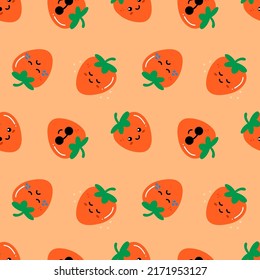 Cute cartoon style happy and sad orange persimmon characters vector seamless pattern background for food design.
