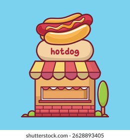 Cute cartoon style hotdog shop illustration. Colorful fast food building with a large hotdog sign on the roof, perfect for kids menu, game assets, or branding.