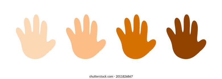 Cute cartoon style human hands, open palms with different skin colors set, collection. Vector peoples hands. High five or greeting gesture.
