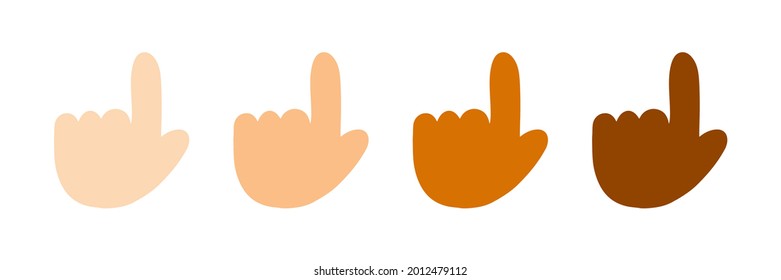 Cute cartoon style human hands with different skin colors set, collection. Peoples hands with pointing finger gesture for clicking, showing, notification design.
