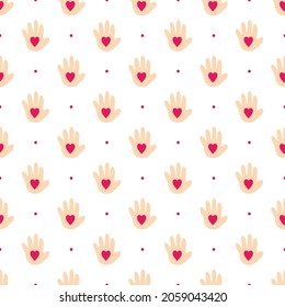 Manos humanas, palmas abiertas con corazones rosados y puntos vectoriales sin fisuras. El concepto de amor y bondad.