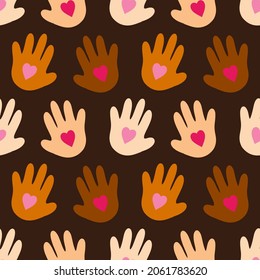 Cute cartoon style human hands, open palms with pink hearts vector seamless pattern background. Kindness, love, support concept.