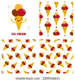 Cute cartoon style ice cream cone characters and set, collection of three ice cream vector seamless pattern backgrounds. 