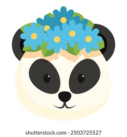 Cute cartoon style illustration of a baby panda bear wearing a crown of blue flowers