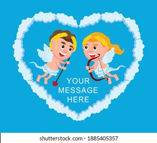 Cute cartoon style illustration of a boy and a girl Cupid in a heart shaped cloud