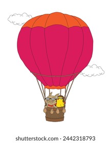 Ilustración linda del estilo de la historieta de un conejito y un polluelo en un globo de aire caliente