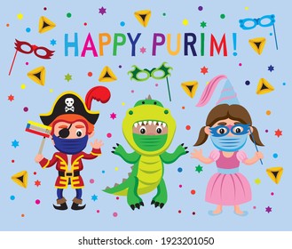 Cute cartoon style illustration of children celebrating Jewish holiday of Purim